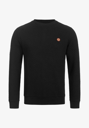Sudadera negra con superficie texturizada, cuello redondo y puños de canalé. Presenta un pequeño parche con el logotipo marrón en el pecho.