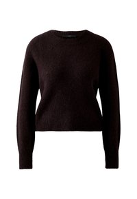 Pull en tricot marron foncé, col rond, manches longues, texture douce, coupe décontractée, bords et poignets côtelés, sans matériel ni motifs visibles.