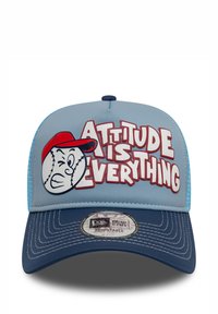 Blue and navy baseball cap featuring embroidered text "Attitude is Everything" and a cartoon baseball character on the front.