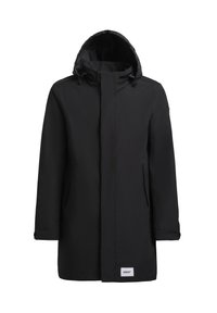 Parka negra impermeable con capucha, cierre frontal con cremallera, bolsillos laterales y cordones ajustables. Textura suave con un parche de logo.