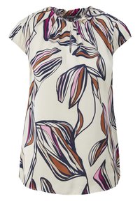 Blusa floral con escote redondo, mangas cortas y detalle de botones. Presenta patrones de hojas en tonos rosa, marrón y azul marino que se arremolinan sobre un fondo crema.