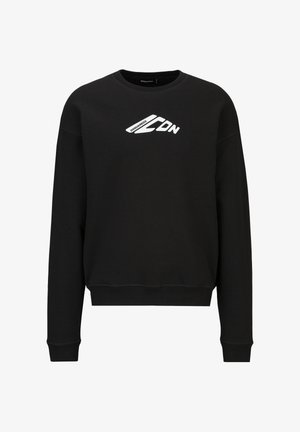 Black crewneck sweatshirt with white "DSQUARED2 ICON" logo centered on the chest, featuring long sleeves and ribbed cuffs and hem.