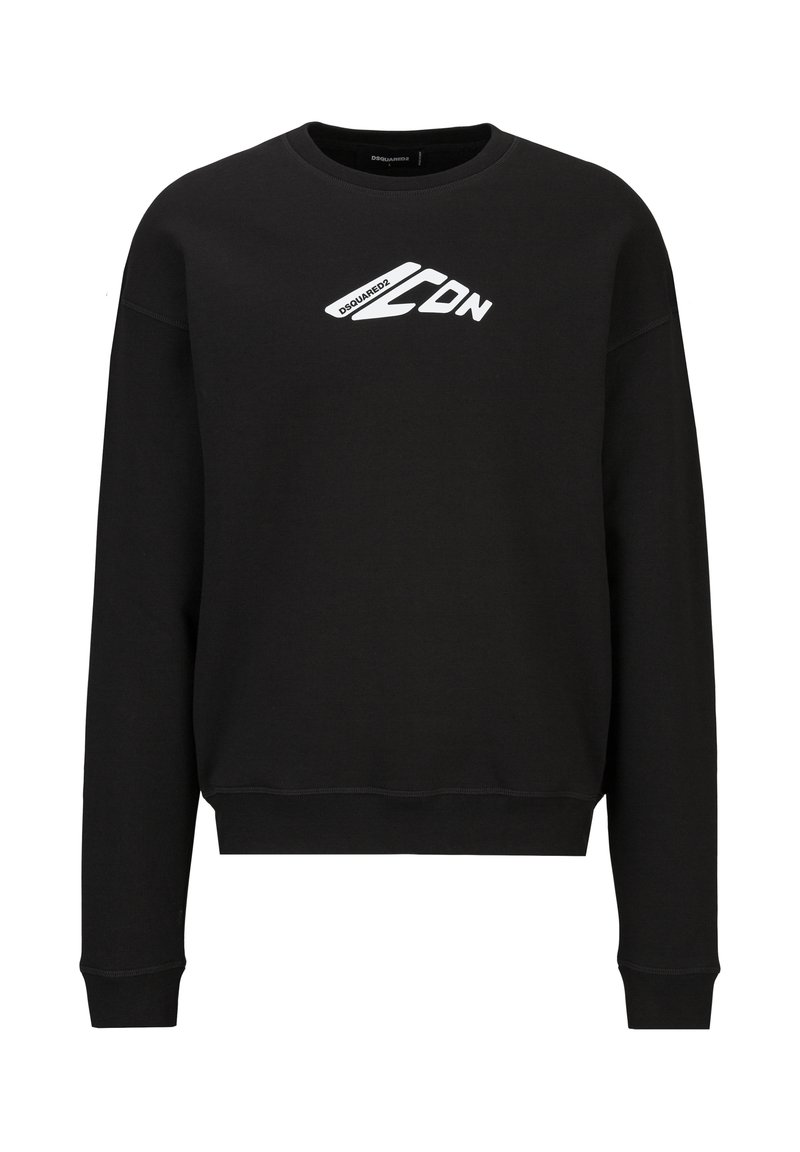 Black crewneck sweatshirt with white "DSQUARED2 ICON" logo centered on the chest, featuring long sleeves and ribbed cuffs and hem.