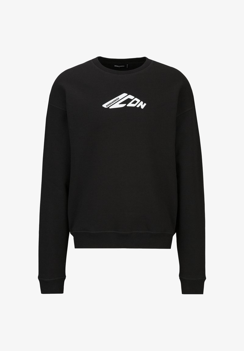 Black crewneck sweatshirt with white "DSQUARED2 ICON" logo centered on the chest, featuring long sleeves and ribbed cuffs and hem.