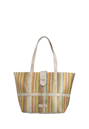 Sac fourre-tout avec des rayures tissées verticales multicolores, des poignées beige clair et une sangle frontale avec fermeture à bouton.