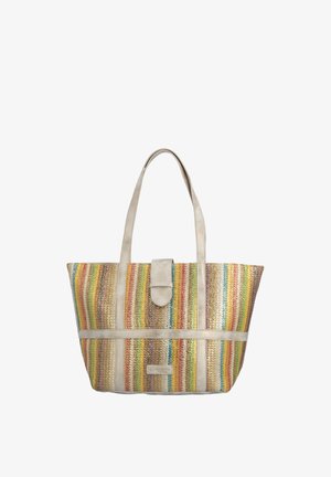 Borsa tote con strisce verticali multicolore intrecciate, manici beige chiaro e una cinghia frontale con chiusura a bottone.