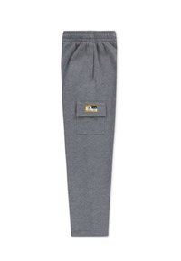 Grijze joggingbroek van zachte stof, met een elastische tailleband, zijzak en een label op de frontzak.