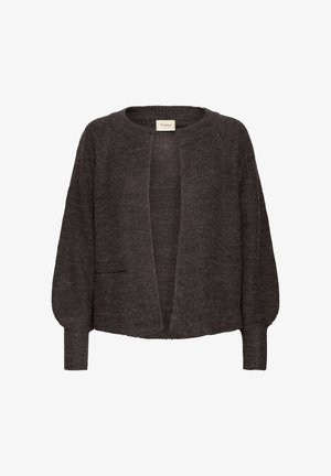 Dark gray, open-front cardigan made of textured knit fabric. Features long, flexible sleeves and a single front pocket.