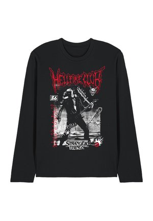 Black long-sleeve shirt with red "Hellfire Club" text, grayscale figure playing guitar, and "Stranger Things" logo at the bottom.