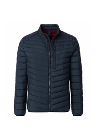 Marineblaue Pufferjacke mit gestepptem Design, hohem Kragen, Reißverschluss und zwei seitlichen Taschen. Strukturiertes Material mit rotem Innenfutter.