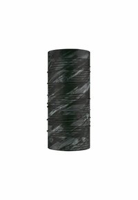 Accesorio tubular multifuncional negro con una superficie texturizada, que presenta un patrón cepillado en gris y verde oscuro. Diseño cilíndrico, material elástico.