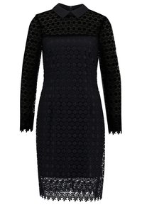 Schwarzes Spitzenkleid mit kragenförmigem Ausschnitt, langen Ärmeln, floralem Muster und gewelltem Saum. Durchgehend durchsichtig und strukturiert.