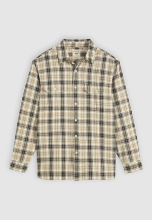 Long-sleeve checkered shirt in beige, black, and brown fabric, featuring button closure, two chest pockets, and a classic collar design.