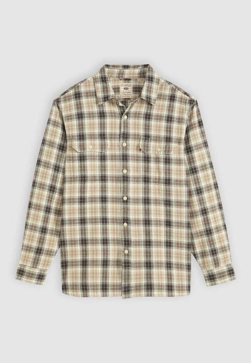 Long-sleeve checkered shirt in beige, black, and brown fabric, featuring button closure, two chest pockets, and a classic collar design.