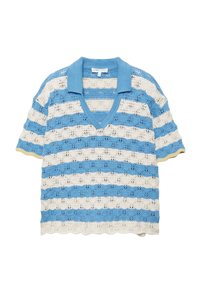 Polo en maille à manches courtes avec rayures horizontales bleues et blanches et motif ajouré texturé.