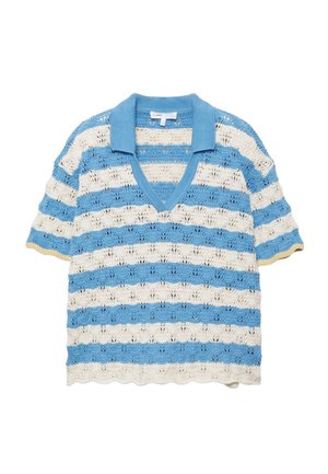 Koszulka polo z krótkim rękawem, dzianinowa, w poziome niebiesko-białe paski oraz z teksturowanym, ażurowym wzorem.