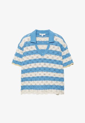Tricou polo tricotat cu mâneci scurte, cu dungi orizontale albastre și albe și un model texturat, ajurat.