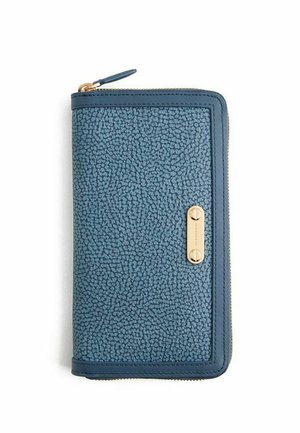 Blue textured zip-around wallet with smooth trim and a small gold metal nameplate on the front.