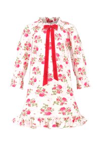 Floral dress with white fabric, pink roses, and green leaves. Features a high neckline with a red velvet bow and ruffled sleeves and hem.