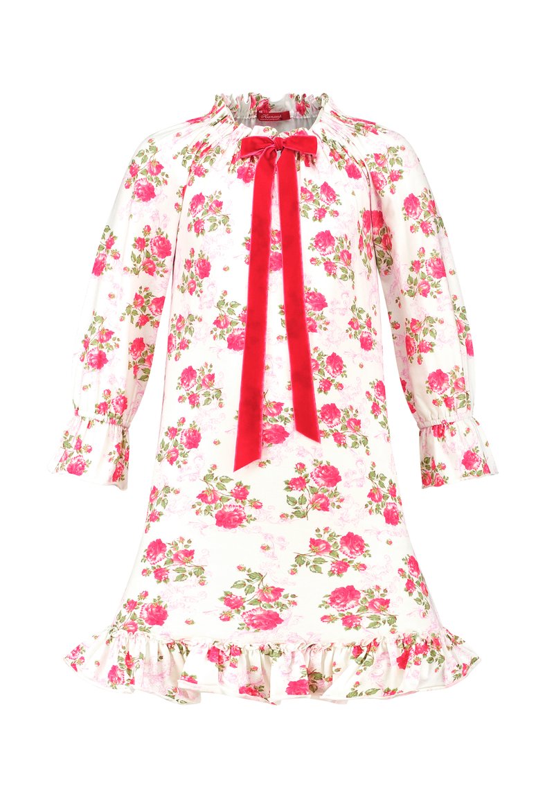 Floral dress with white fabric, pink roses, and green leaves. Features a high neckline with a red velvet bow and ruffled sleeves and hem.