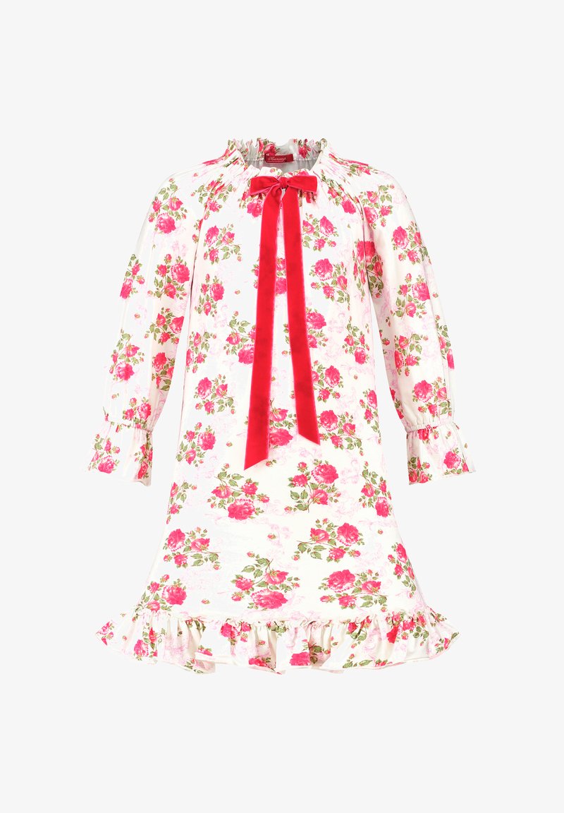 Floral dress with white fabric, pink roses, and green leaves. Features a high neckline with a red velvet bow and ruffled sleeves and hem.