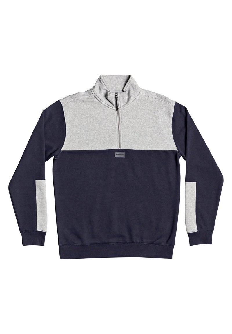 Marinblå och grå kvartdragssweatshirt med långa ärmar, kontrasterande färgblockering, elastiska ärmslut och en liten logotypdetalj på bröstet.