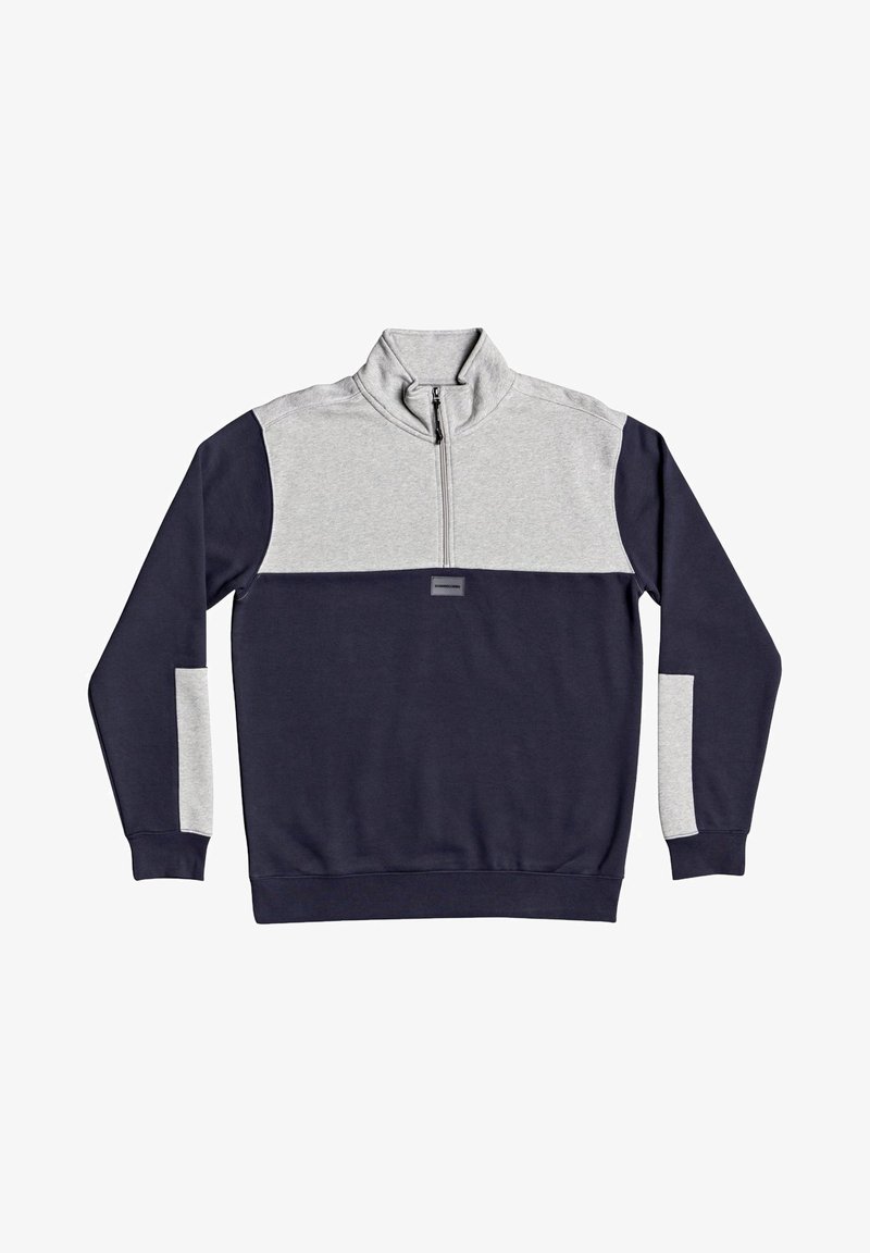 Marinblå och grå kvartdragssweatshirt med långa ärmar, kontrasterande färgblockering, elastiska ärmslut och en liten logotypdetalj på bröstet.