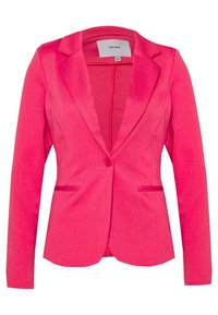 Růžový blazer s vypasovaným střihem, zapínání na jeden knoflík, klopové límce a dvě přední kapsy. Měkká, texturovaná tkanina. Ideální pro vrstvení.