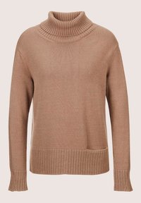 Brauner gestrickter Pullover mit hohem Rippkragen, langen Ärmeln und geripptem Saum. Verfügt über eine Seitentasche in der Nähe der Taille.