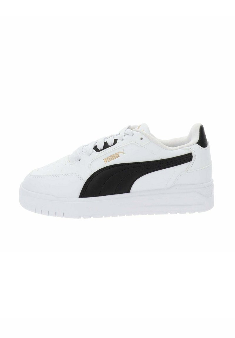 White sneaker with black accents and logo; smooth leather upper, round toe, flat sole, and lace-up closure. Gold branding detail visible.