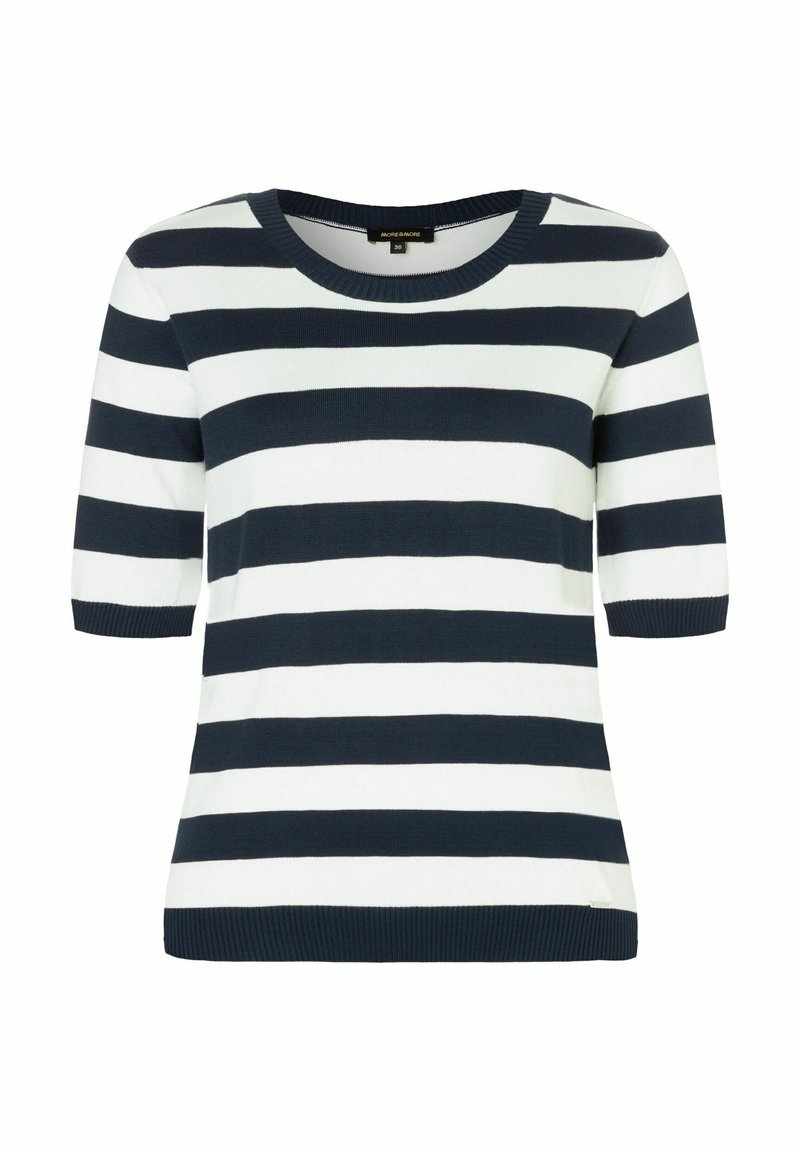 Navy and white striped short-sleeve sweater. Soft knit material with a crew neckline and ribbed hem. Horizontal stripes evenly distributed.