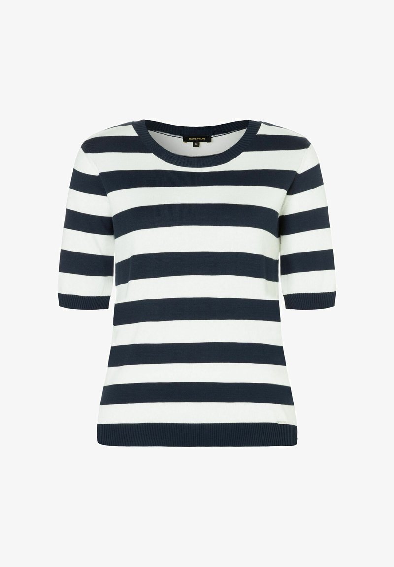 Navy and white striped short-sleeve sweater. Soft knit material with a crew neckline and ribbed hem. Horizontal stripes evenly distributed.
