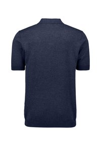 Polo bleu marine à manches courtes vu de dos, avec un col, des poignets et un ourlet à nervures.