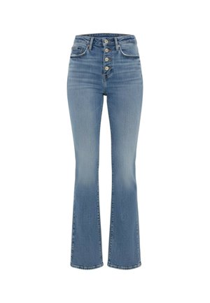 Jean en denim bleu clair taille haute avec fermeture à boutons, poches avant et léger évasement en bas.