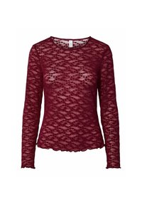 Top in pizzo bordeaux a maniche lunghe con orlo a scallop, caratterizzato da un motivo floreale tessurizzato e scollatura rotonda. Tessuto leggero e semi-trasparente.