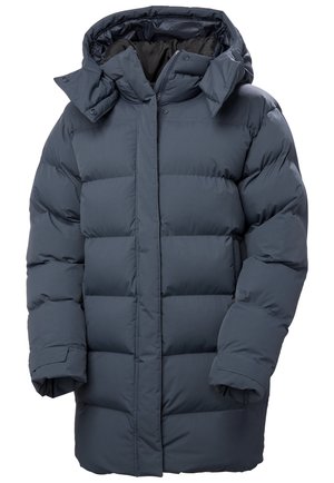 Puffed jacket v tmavě námořnické barvě s kapucí, s prošívaným designem, předním zipem a elastickými manžetami pro pohodlí a teplo.