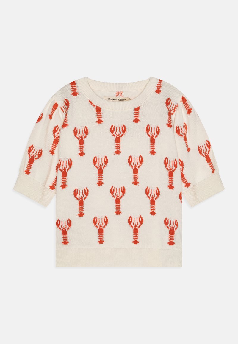 Cremefarbener Pullover mit einem lebhaften roten Hummer-Muster, kurzen Ärmeln und einem gerippten Ausschnitt. Weicher Stoff, lässiges Design.