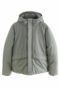 Jachetă puffer gri deschis cu glugă, dotată cu un fermoar frontal, mâneci largi și o cusătură orizontală în mijloc pentru detalii de design.