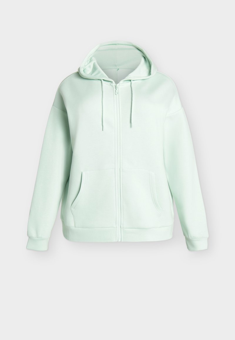 Mētas zaļas krāsas džemperis ar rāvējslēdzēju, priekšējām kabatām, kapuci ar auklu un ribotiem aproču galiem, attēlots neitrālā fona priekšā.