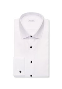 Chemise blanche pliée avec boutons noirs et boutons de manchette, présentant un col classique et une étiquette de marque à l'intérieur du col.