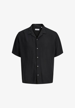 Musta lühikeste varrukatega nööpidega särk, millel on laagri kaelus ja nähtavad valged nupud, esitletud valgel taustal.