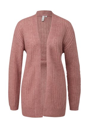 Zachte roze gebreide open voorkant cardigan met lange mouwen en een textuurpatroon, maat klein.