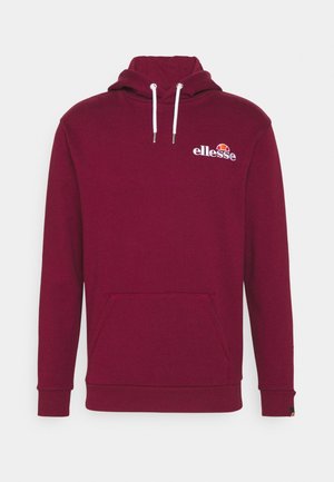Bordeaux Sweatshirt mit verstellbarem Kapuzen, weißen Kordeln, Fronttasche und Ellessee-Logo auf der Brust. Baumwollmischung, weiche Textur.