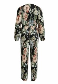 Combinaison noire à manches longues avec imprimé floral rose, blanc et vert, taille élastique et tissu plissé, vue de dos.