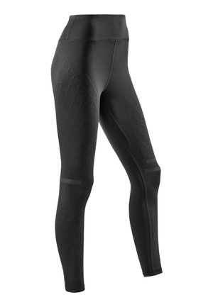 Schwarze Leggings aus elastischem Material mit einem Rautenmuster an der Seite, hohem Taillenbund und reflektierenden Akzenten am Unterschenkel.