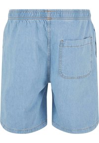 Denimshorts, lyseblå farge, elastisk midje, enkel baklomme, kontrastfarget stikning, rett snitt, myk tekstur, uformell design.