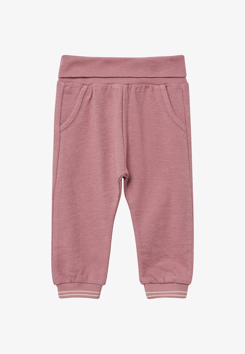 Różowe dresy wykonane z teksturowanej tkaniny, z elastycznym pasem, dwiema bocznymi kieszeniami i ściągaczami wykończonymi paskiem.