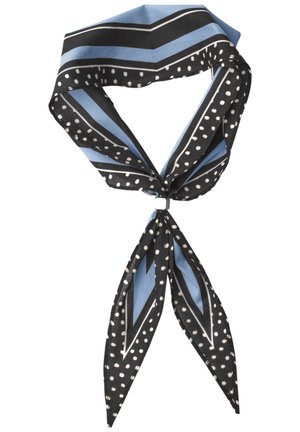 Sciarpa di seta nera e blu con pois bianchi e righe a chevron, legata al centro con un piccolo anello quadrato d'argento.