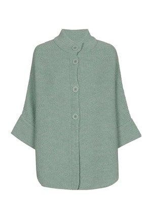 Lichtgroene gebreide poncho met brede korte mouwen, hoge kraag en vier knopen aan de voorkant in het midden.