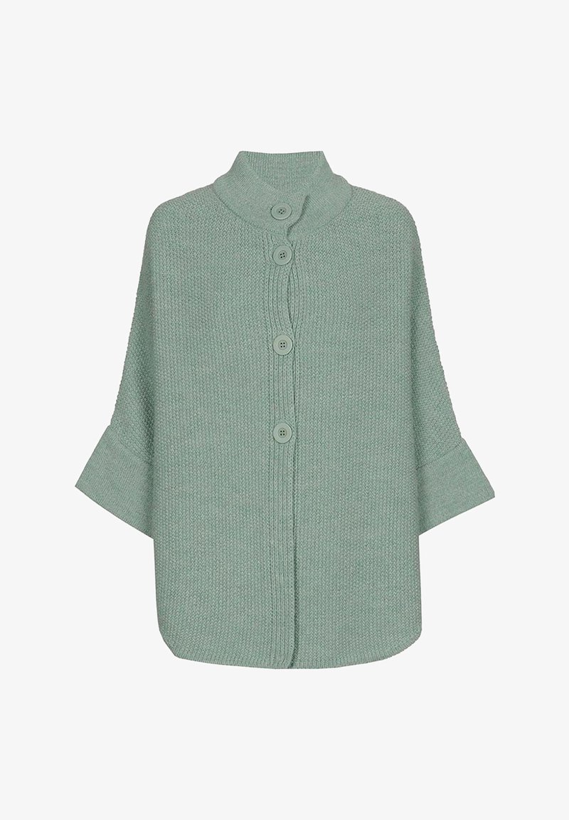 Lichtgroene gebreide poncho met brede korte mouwen, hoge kraag en vier knopen aan de voorkant in het midden.
